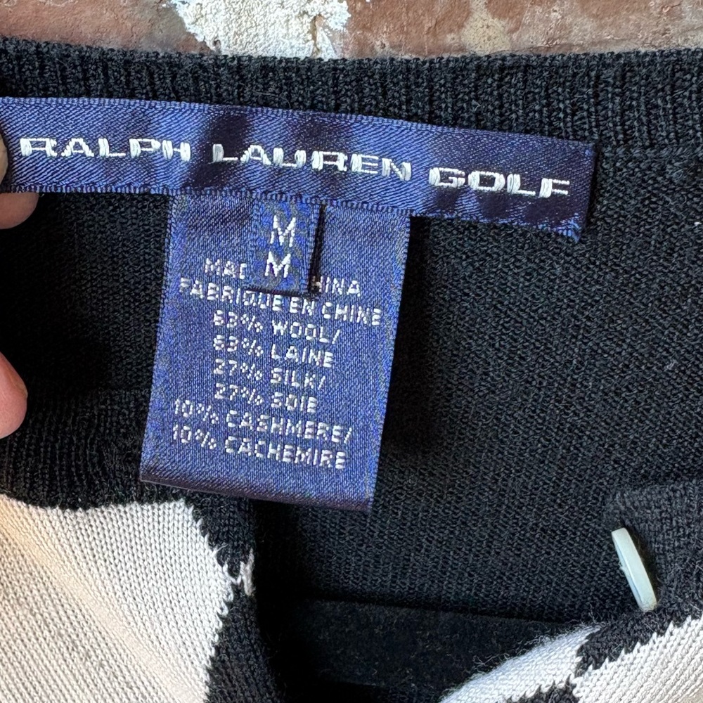 Ralph Lauren Golf Argyle Black White Silk Cashmere Cardigan Size Medium - Picture 9 of 12